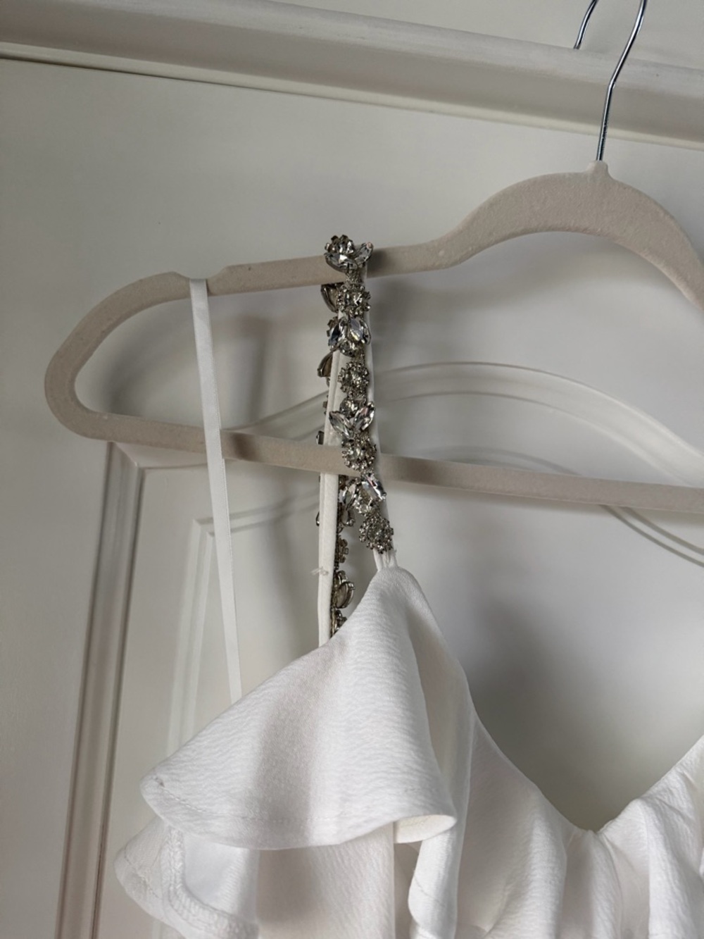 White Ruffle Rhinestone Strap Mini Dress - Picture 4 of 12